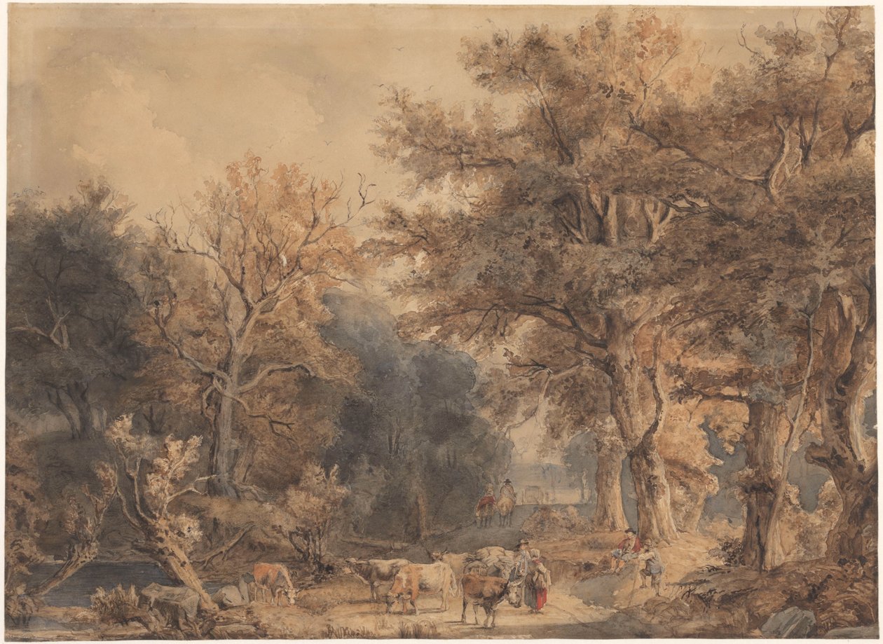 Skovlandskab med figurer og kvæg af Jacob Maris