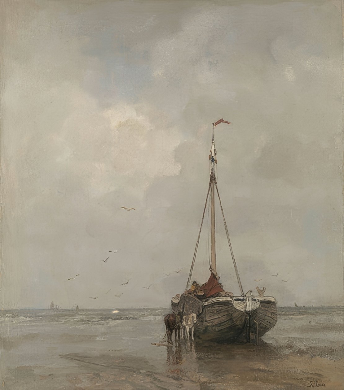 Fiskerbåd med bred stævn på stranden i Scheveningen. Omkring 1885 af Jacob Henricus or Hendricus Maris