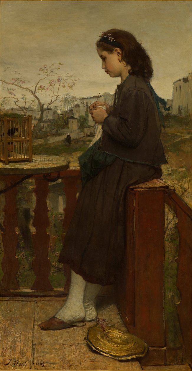 Pige, der strikker på en balkon, Montmartre af Jacob Maris