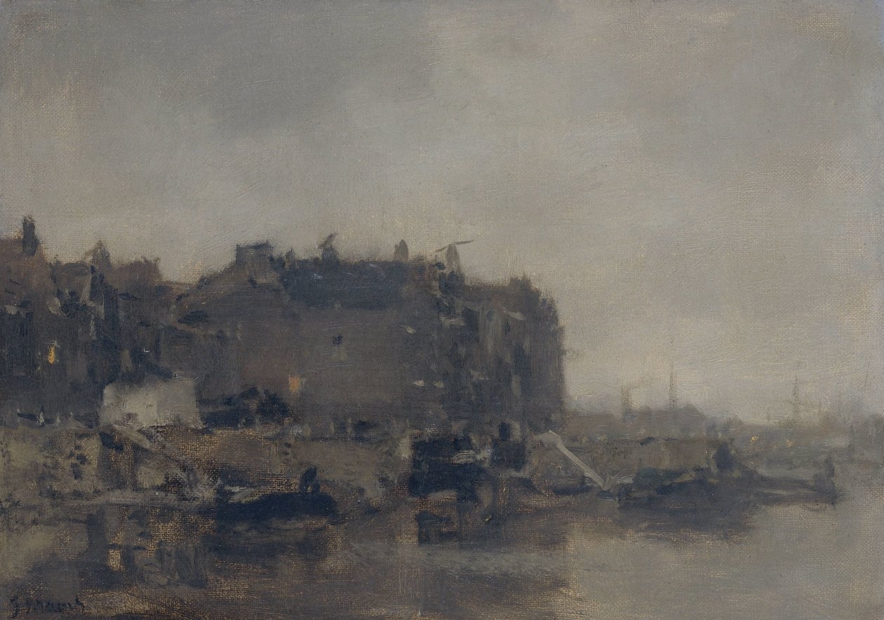 Huse på Prins Hendrikkade, Amsterdam, på en tåget dag af Jacob Maris