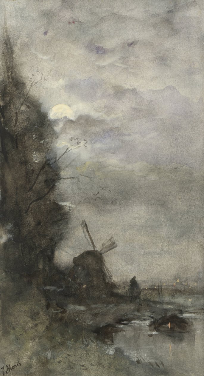 Landskab med mølle ved måneskin af Jacob Maris