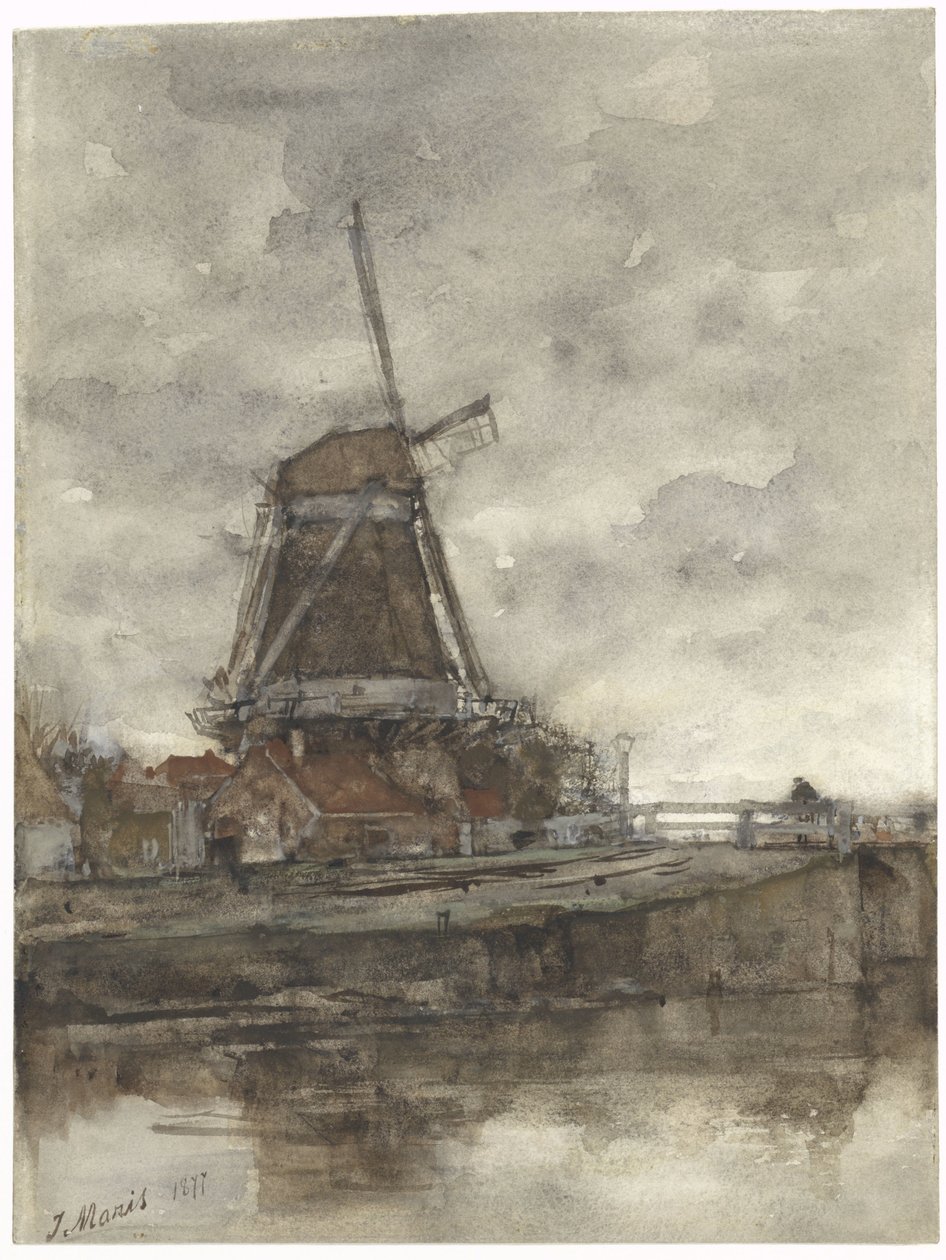 Vindmølle og broen ved Noord-West-Buitensingel i Haag af Jacob Maris