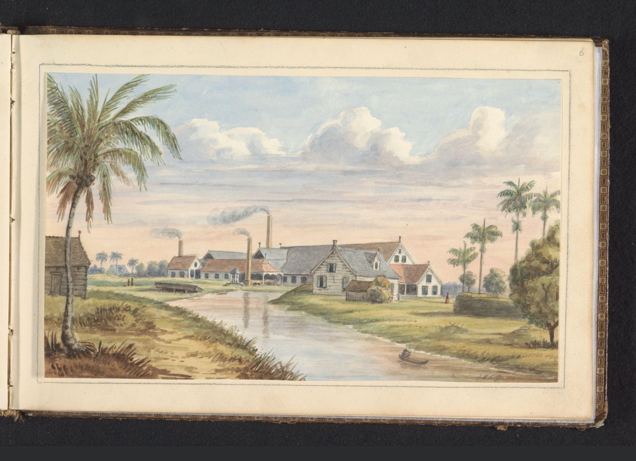 Sukkerplantage Visserszorg ved Commewijne-floden Fabryk op pl.(antage) Visserszorg (titel på objekt) Album med tegninger af Surinam, s.6 (50) (serietitel) af Jacob Marius Adriaan Martini van Geffen