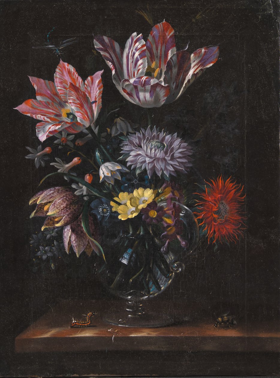 En glasvase med blomster af Jacob Marrel