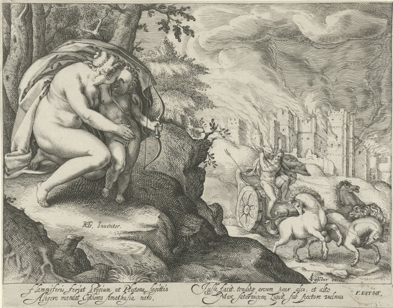 Venus opfordrer Amor til at skyde en pil mod Pluto af Jacob Matham (attributed to)