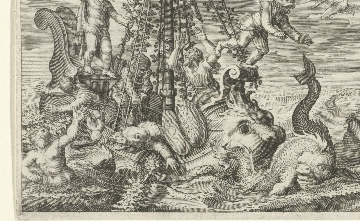 Bacchus forvandler sine fanger til delfiner af Jacob Matham