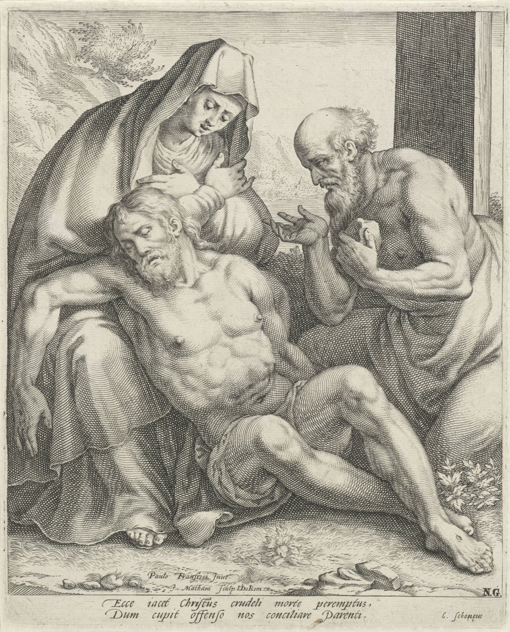 Kristi klagesang af Maria og Sankt Hieronymus af Jacob Matham