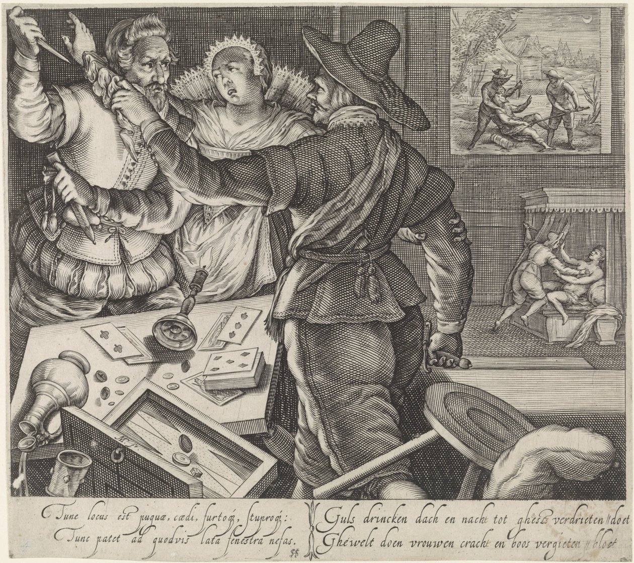 Kortspillere, der kæmper med trukket våben Kæmp på et bordel The Effects of Drunkenness (serietitel) af Jacob Matham