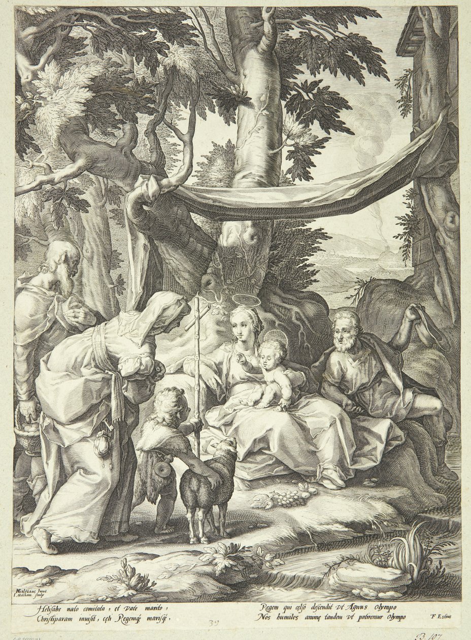 Den hellige familie siddende i et landskab med Elisabeth, Zakarias og Johannes døberen som barn af Jacob Matham