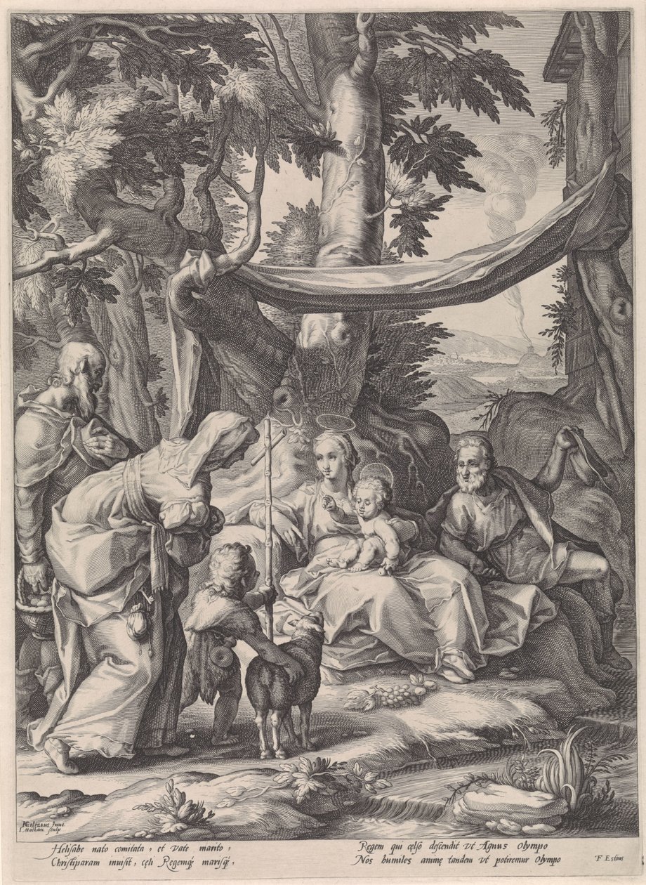 H. Familie med Elizabeth, Zacharias og barnet Johannes Døberen af Jacob Matham