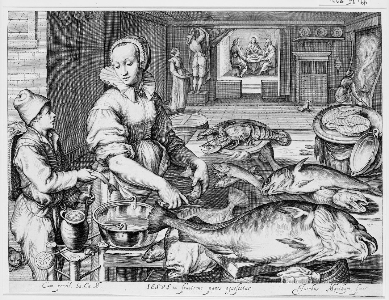 Køkkenscene med køkkenpige, der tilbereder fisk, Kristus i Emmaus i baggrunden, fra Køkken- og markedsscener med bibelske scener i baggrunden af Jacob Matham