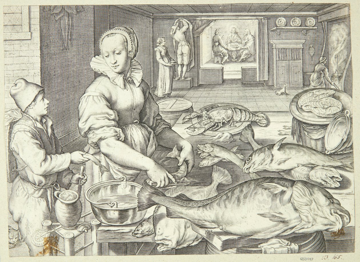 Køkkenscene med en køkkendame, der renser fisk af Jacob Matham