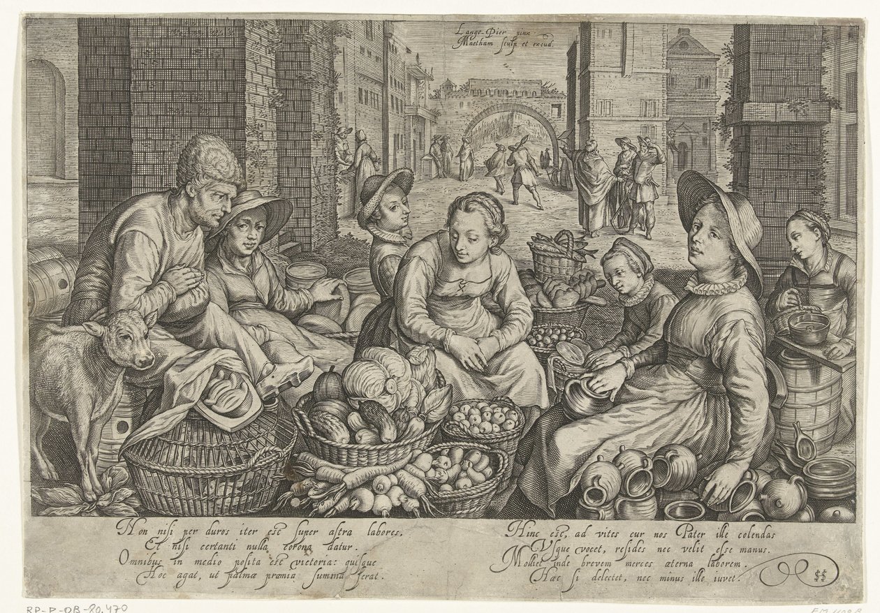 Markedsscene med lignelsen om arbejderne i vingården i baggrunden, ca. 1600 af Jacob Matham