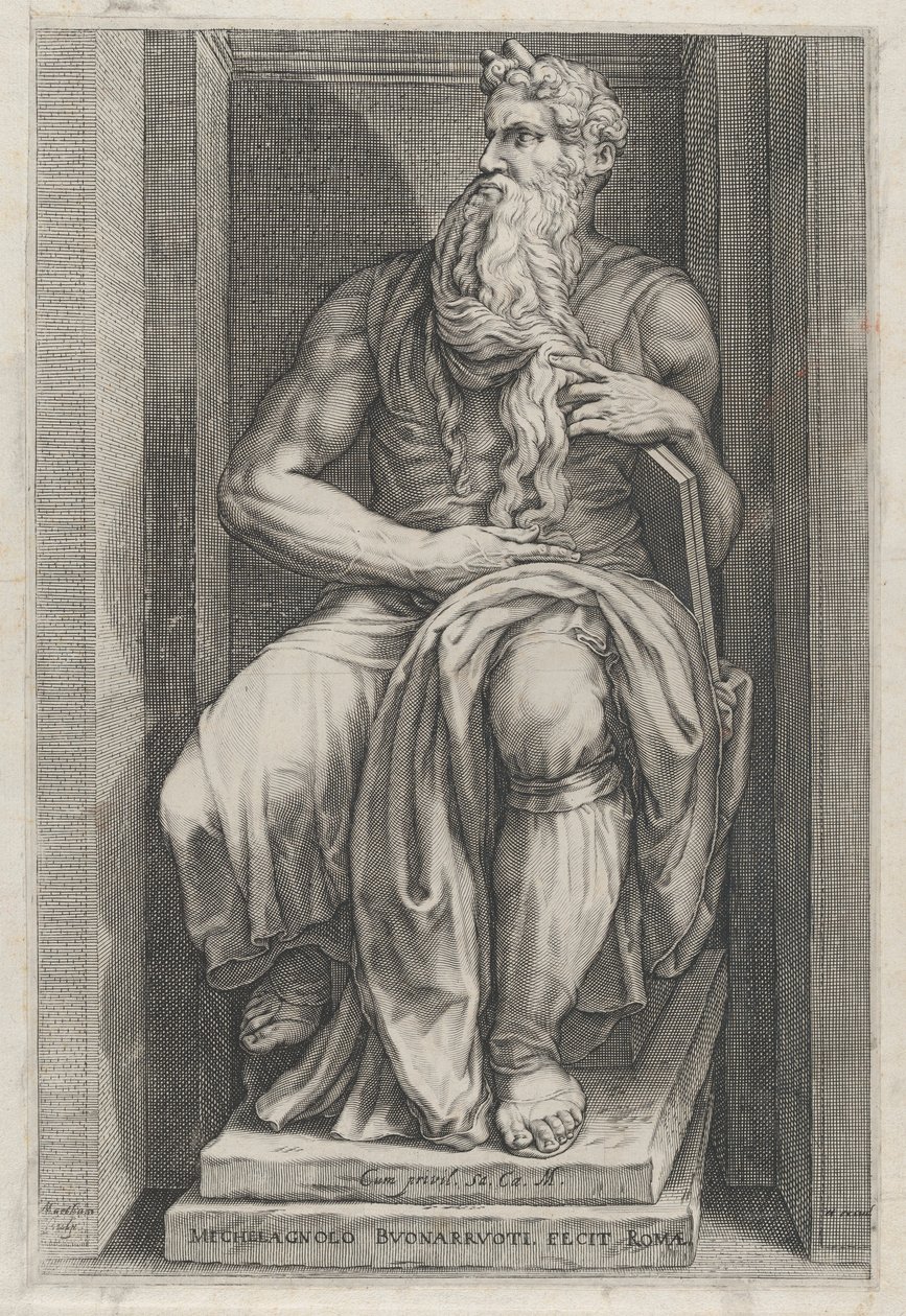 Mirror of Roman Magnificence: Moses efter skulpturen af ​​Michelangelo, 1500-tallet..., 1500-tallet. af Jacob Matham