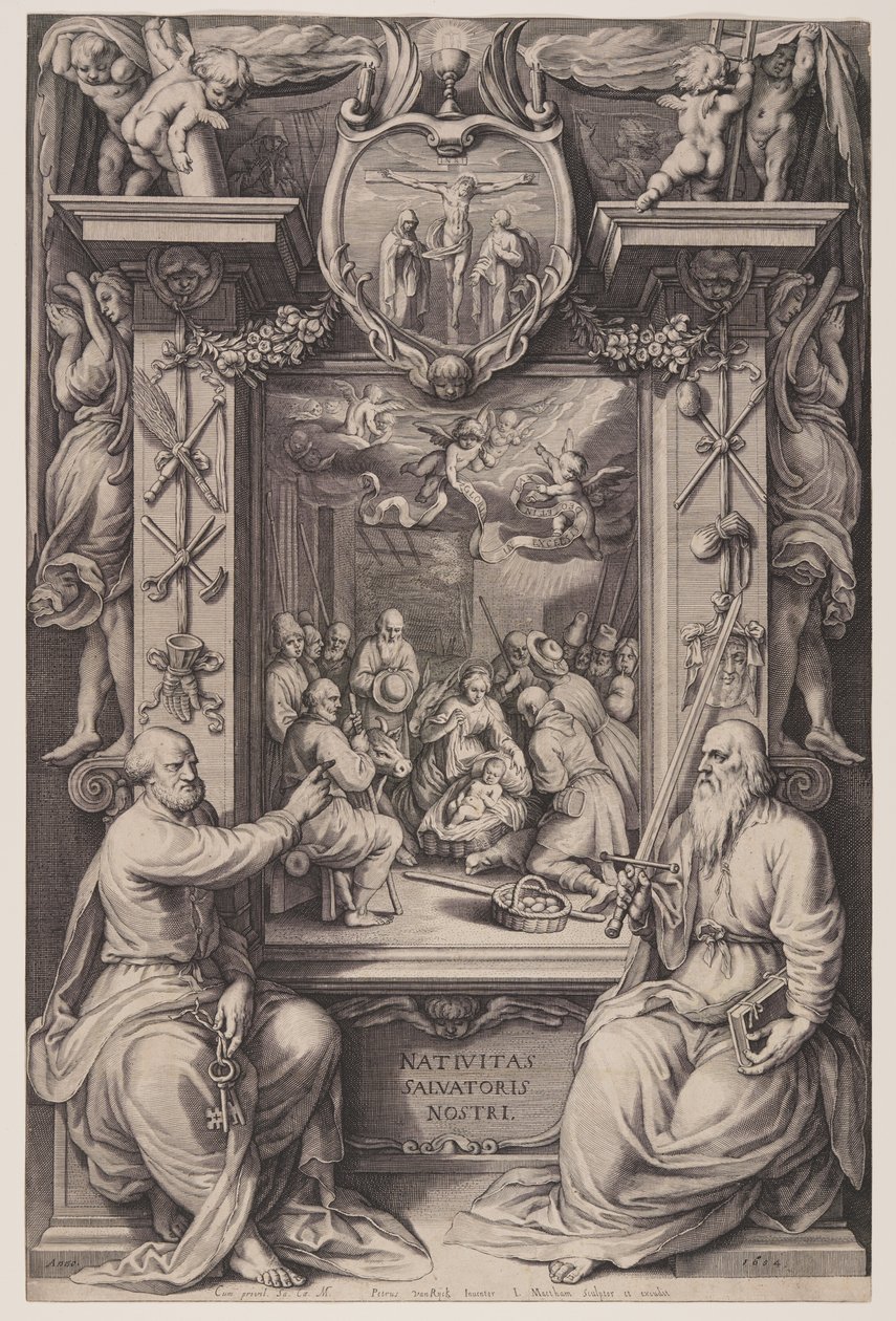 Hyrdernes tilbedelse med Sankt Peter og Sankt Paul af Jacob Matham