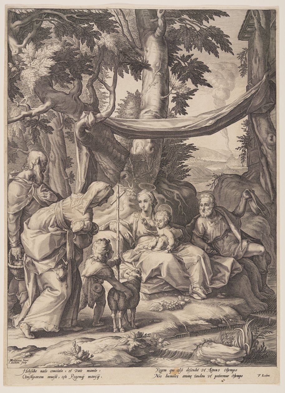Den hellige familie med de hellige Elizabeth, Zacharias og Johannes af Jacob Matham