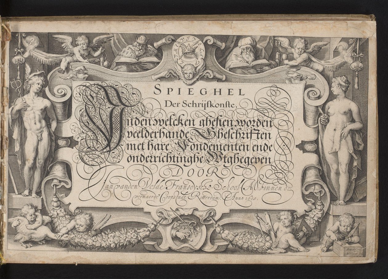 Titeltryk med allegorisk ramme og kalligraferet titel Spejl af skrivekunst, inden welcken ghesien mange slags skrifter med dets grundlag og uddannelse udleveres (...) Rotterdam. Anno 1605 (serietitel på objekt) af Jacob Matham