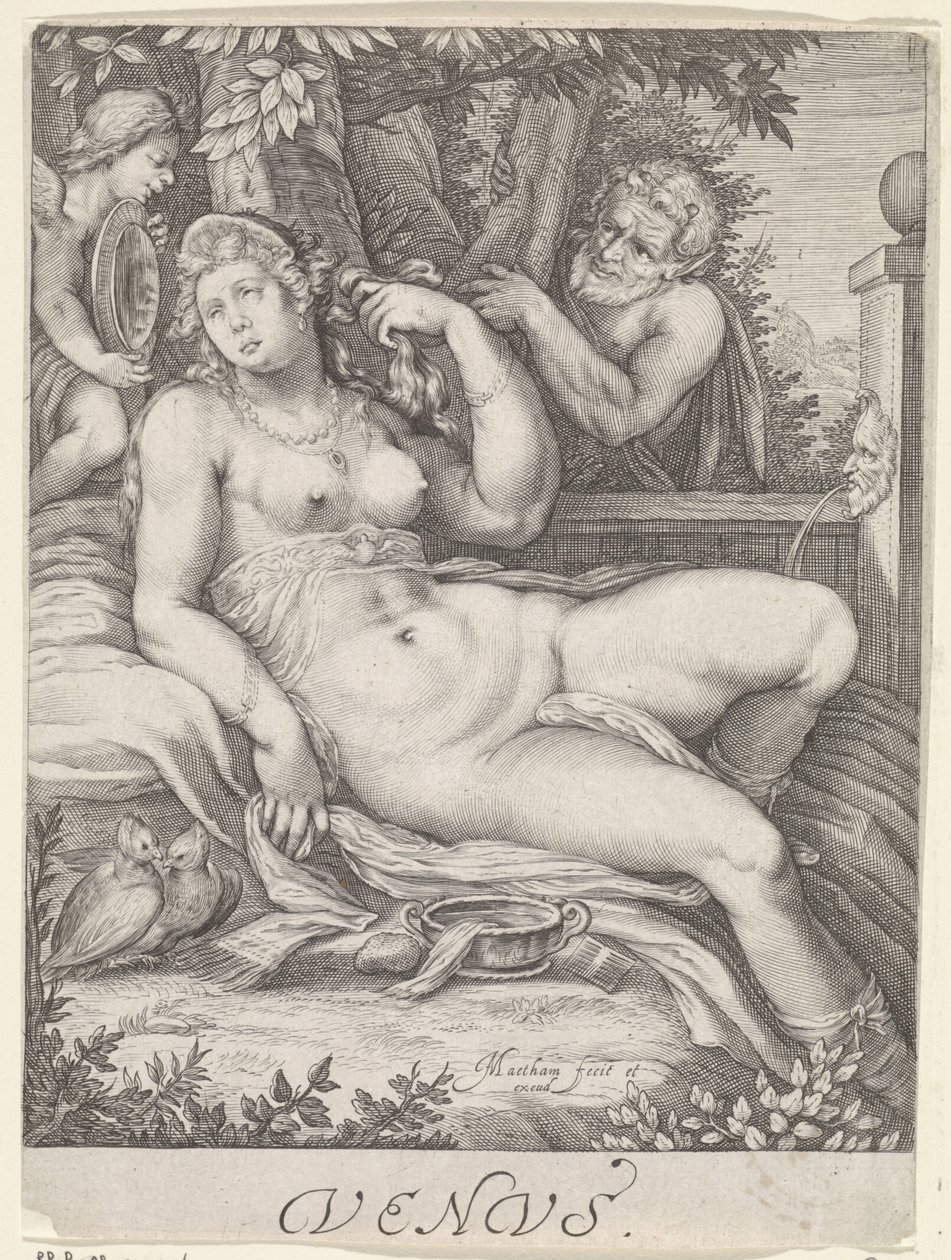 Venus spioneret af en satyr Venus (titel på objekt) af Jacob Matham