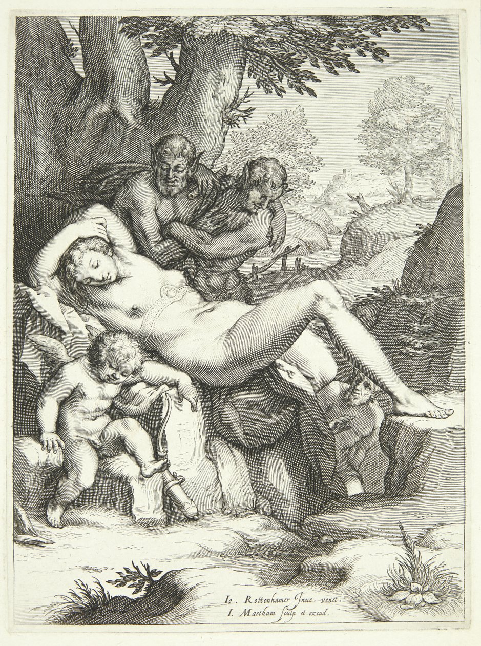 Venus og Amor sover og bliver iagttaget af satyrer af Jacob Matham
