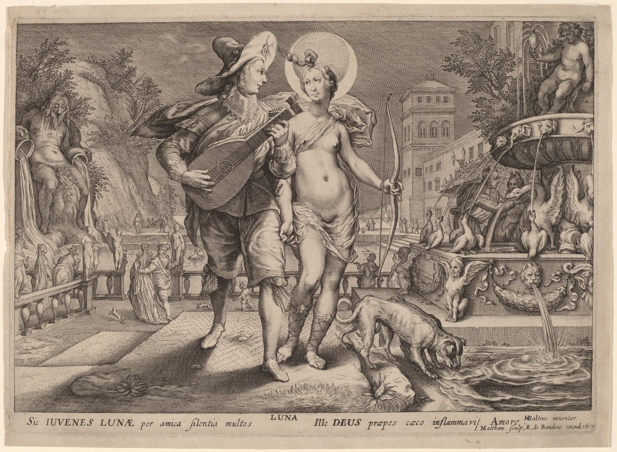 Diana som Luna, der ledsager en ung mand i Serenade af Jacob Matham, after Hendrik Goltzius