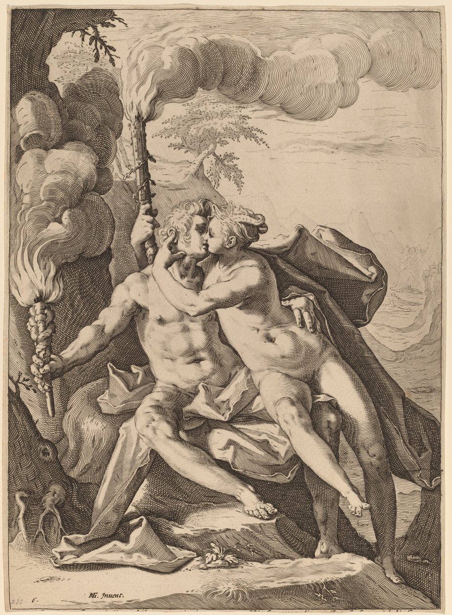 Eros og Anteros af Jacob Matham after Hendrik Goltzius