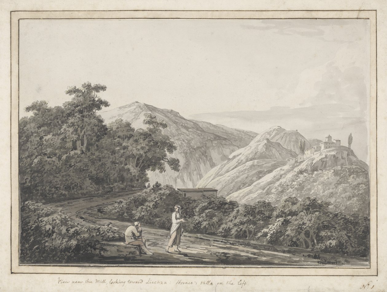 Udsigt nær møllen mod Licenza: Horaces Villa til venstre, 1783 (grå vask med pen og sort blæk på papir) af Jacob More