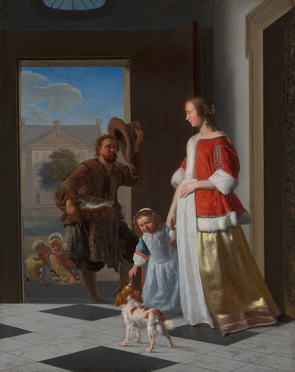 En fiskehandler ved døren, 1663 (olie på lærred på panel) af Jacob Lucasz Ochtervelt