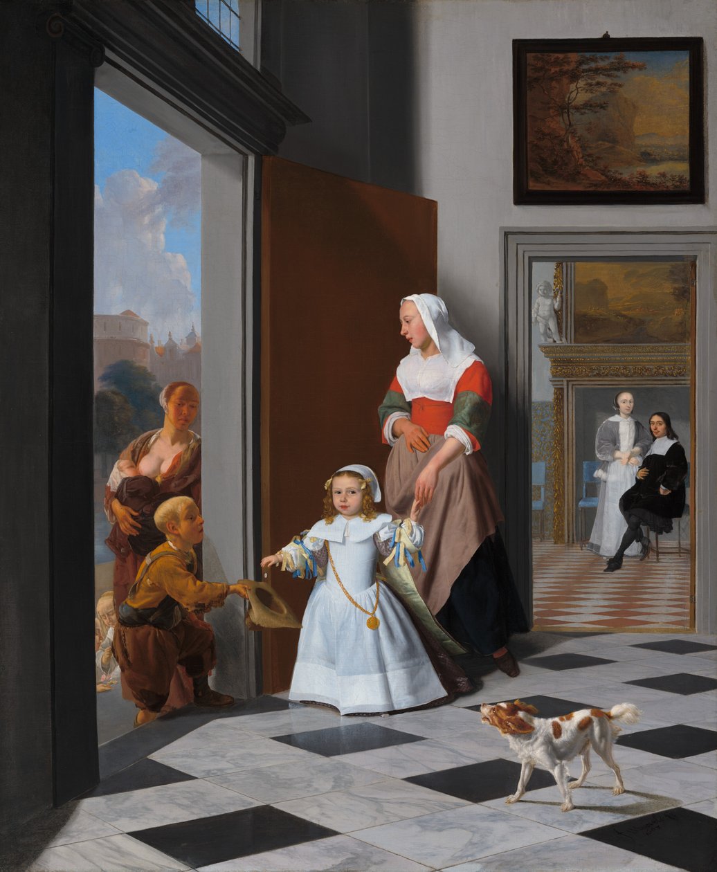 En sygeplejerske og et barn i en elegant foyer, 1663. af Jacob Lucasz Ochtervelt