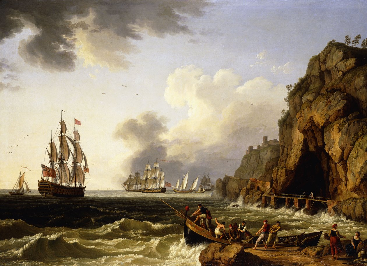 Udsigt over kysten nær Napoli med en tredækker fra den britiske kongelige flåde, der fører flaget af en viceadmiral af de røde, 1777 af Jacob Philippe Hackert