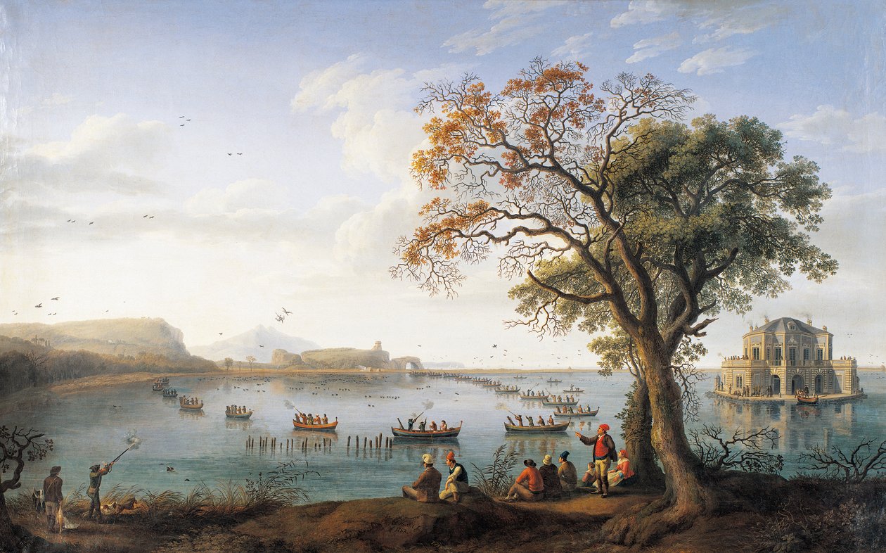 Hundejagt ved Fusano-søen (olie på lærred) af Jacob Philippe Hackert
