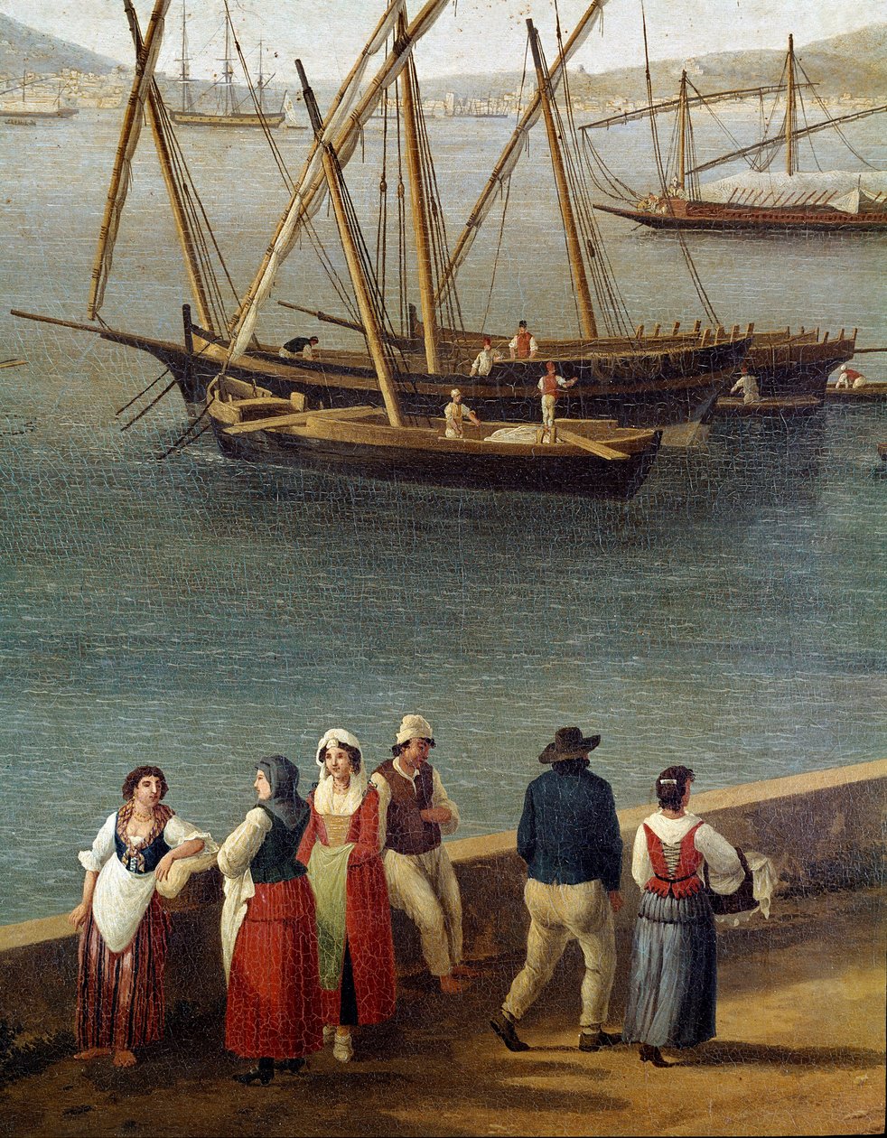 Grupper af mennesker på kajen i havnen i Gaeta (Gaete) (Mennesker på kajen i Gaeta havn) Detalje - Maleri af Jacob Philipp Hackert dit Hackert d