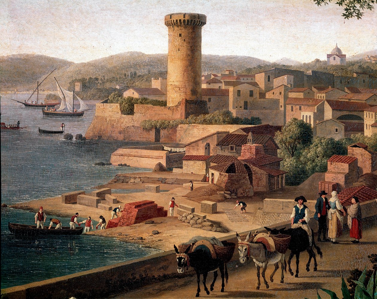 Landskab af Gaeta (Gaete) med murstensfabriksdetaljer. Maleri af Jacob Philipp Hackert dit Hackert d