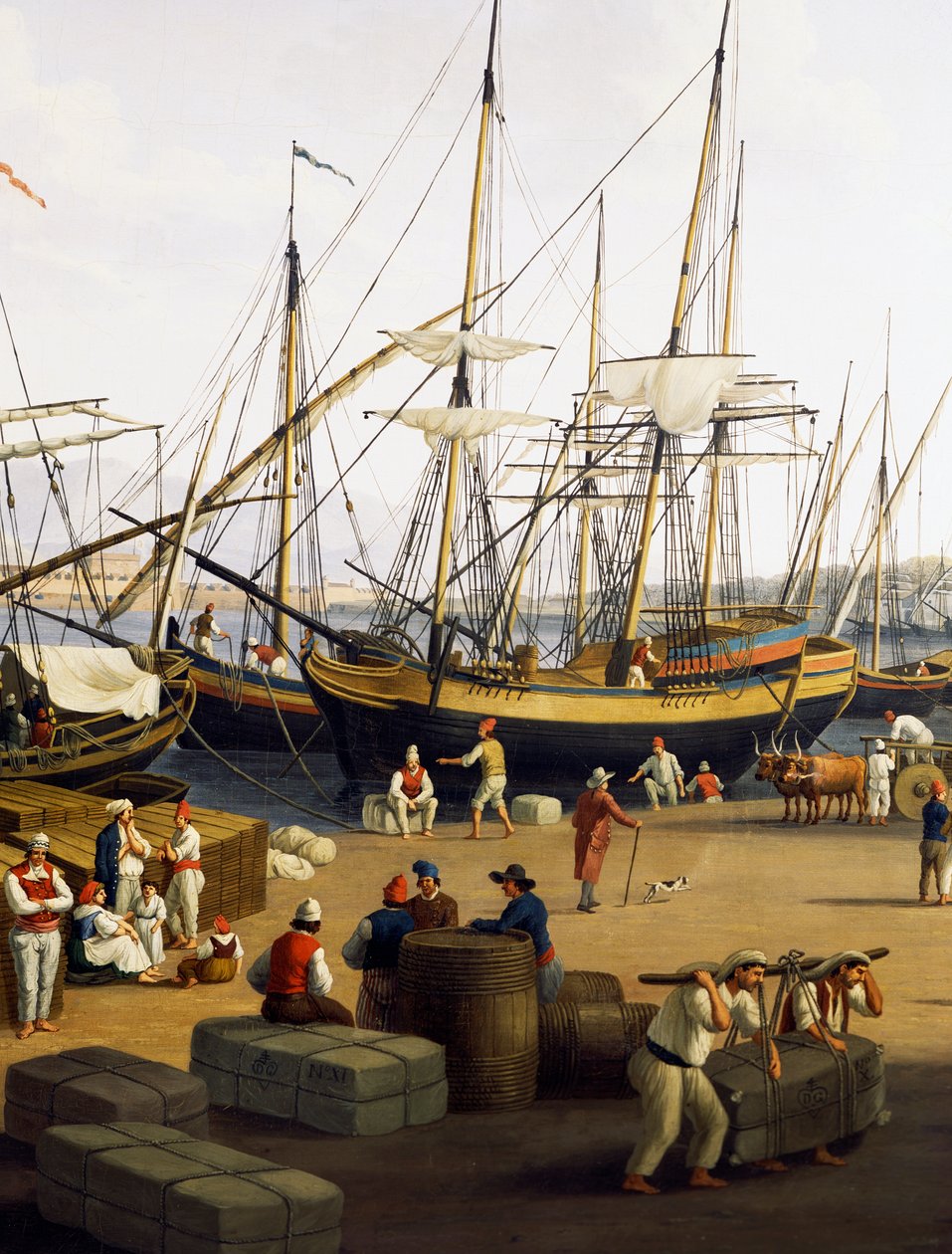 Longshoremen, detalje af udsigt over Messinas havn fra Palazzo del Senato af Jacob Philippe Hackert