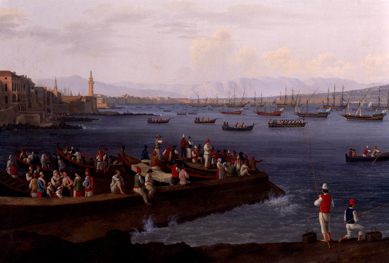 Napoli-bugten nær Santa Lucia, der viser flådeflåderne, der vender tilbage fra Algier af Jacob Philippe Hackert