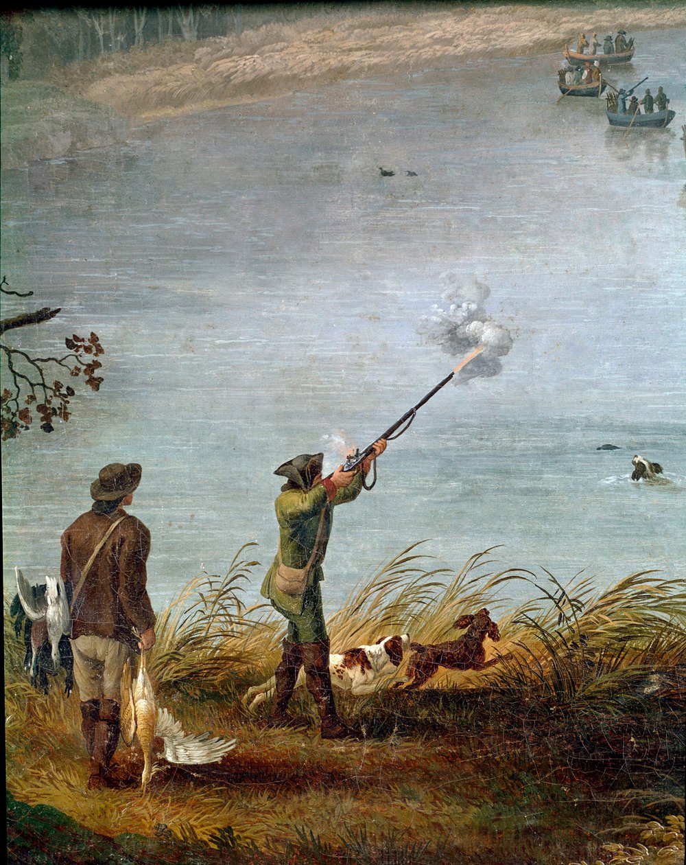 Blidhønejagten på Ferdinand I af de to Sicilier (eller Ferdinand IV af Napoli) (1751-1825) ved Fusaro-søen nær Napoli, Italien (Ferdinand IV på jagt efter hønsehøne ved Fusaro-søen) Detalje - Maleri af Jacob Philipp Hackert dit Hackert d