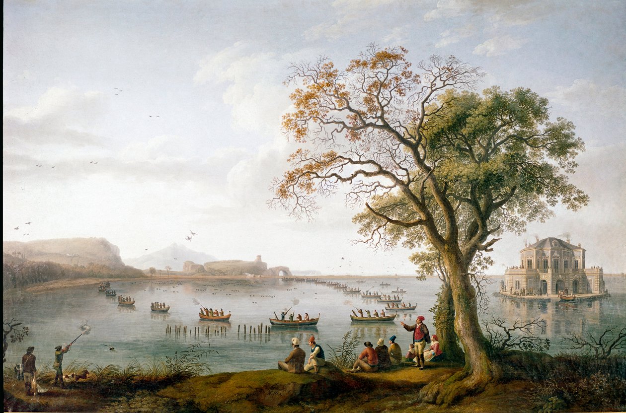 Hundejagten på Ferdinand I af de to Sicilier ved Fusaro-søen nær Napoli, Italien af Jacob Philippe Hackert