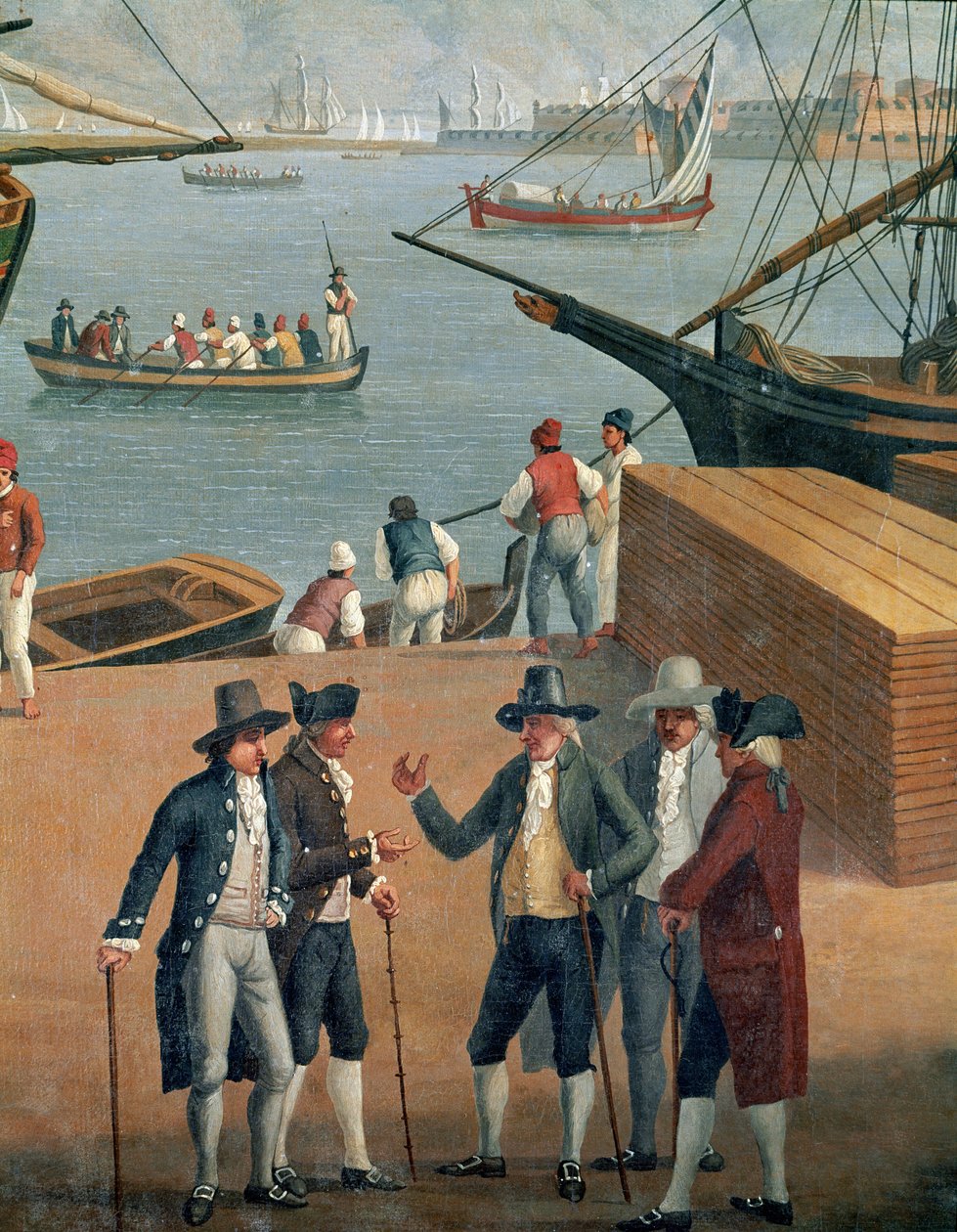 Udsigt over Messina havn, detalje af rige handlende af Jacob Philippe Hackert