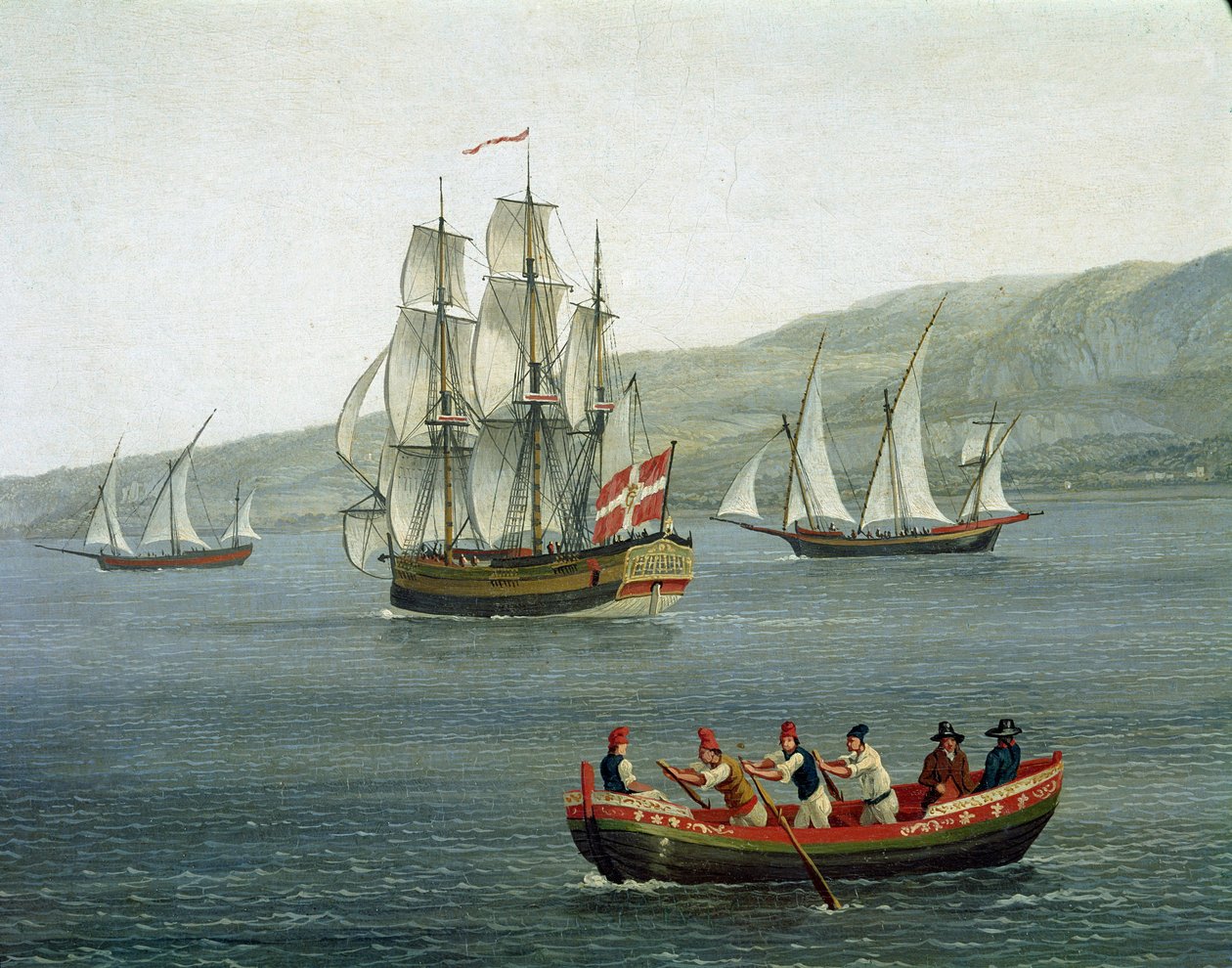 Udsigt over skibe i Detroit of Messina, Reggio Calabria, Italien - (Skibe i liget af Messina mellem Reggio Calabria og Sicilien) Detaljemaleri af Jacob Philipp Hackert dit Hackert d