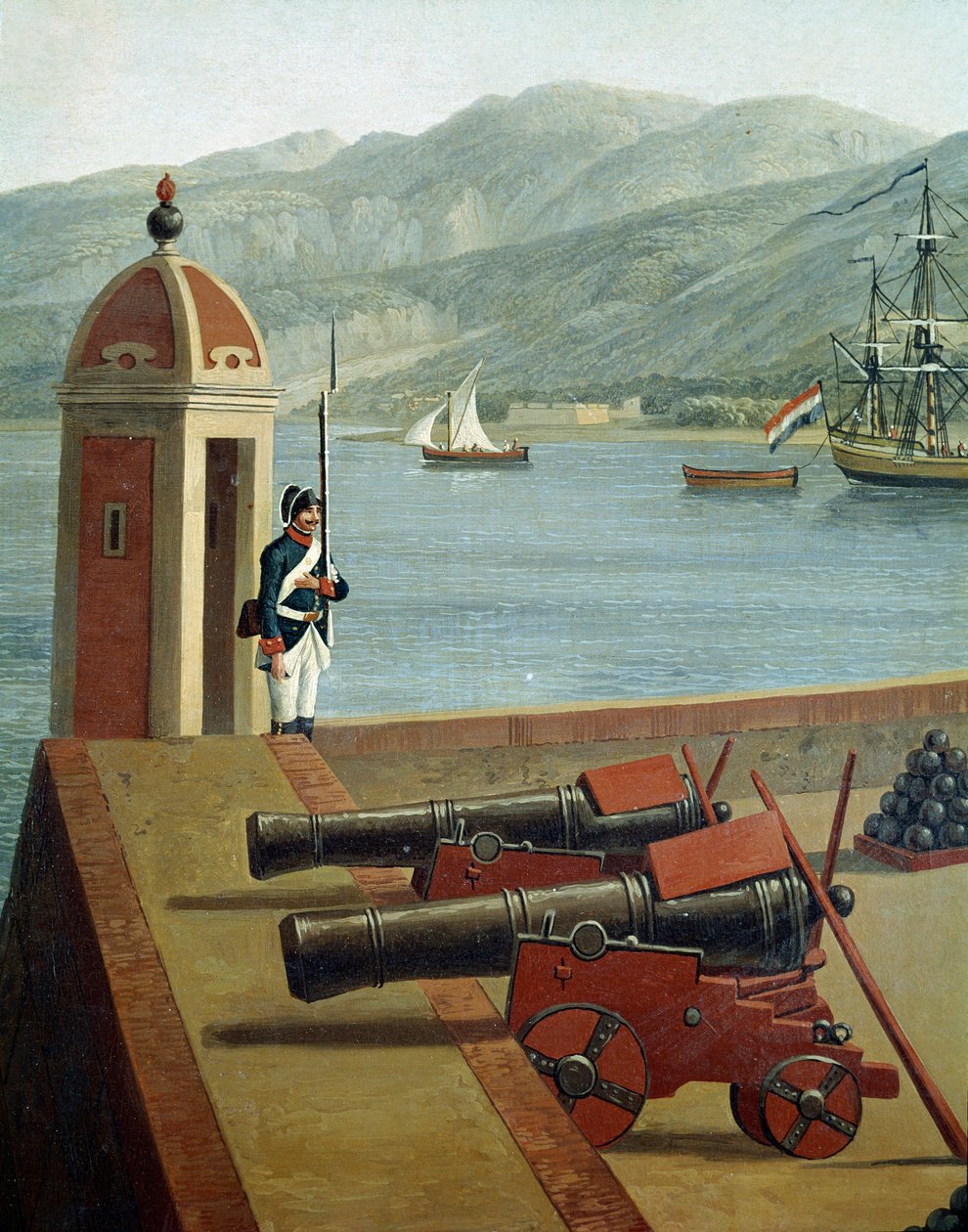 Udsigt over de militære befæstninger i havnen i Reggio Calabria (Udsigt over Reggio Calabrias militære befæstninger) Detalje af en vagt og kanoner (kanoner og vagt) - Maleri af Jacob Philipp Hackert dit Hackert d