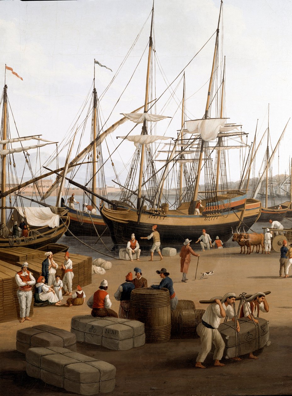 Udsigt over havnen i Messina (Messina) på Sicilien Havnearbejdere i havnen ved at losse godset - Maleri af Jacob Philipp Hackert dit Hackert d