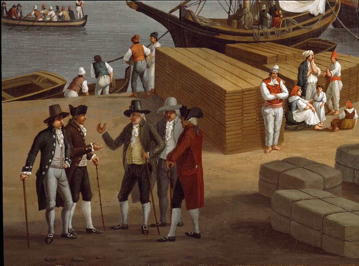Udsigt over havnen i Messina (Messina) i detaljer på Sicilien, der viser en gruppe velhavende købmænd negociant - Maleri af Jacob Philipp Hackert dit Hackert d