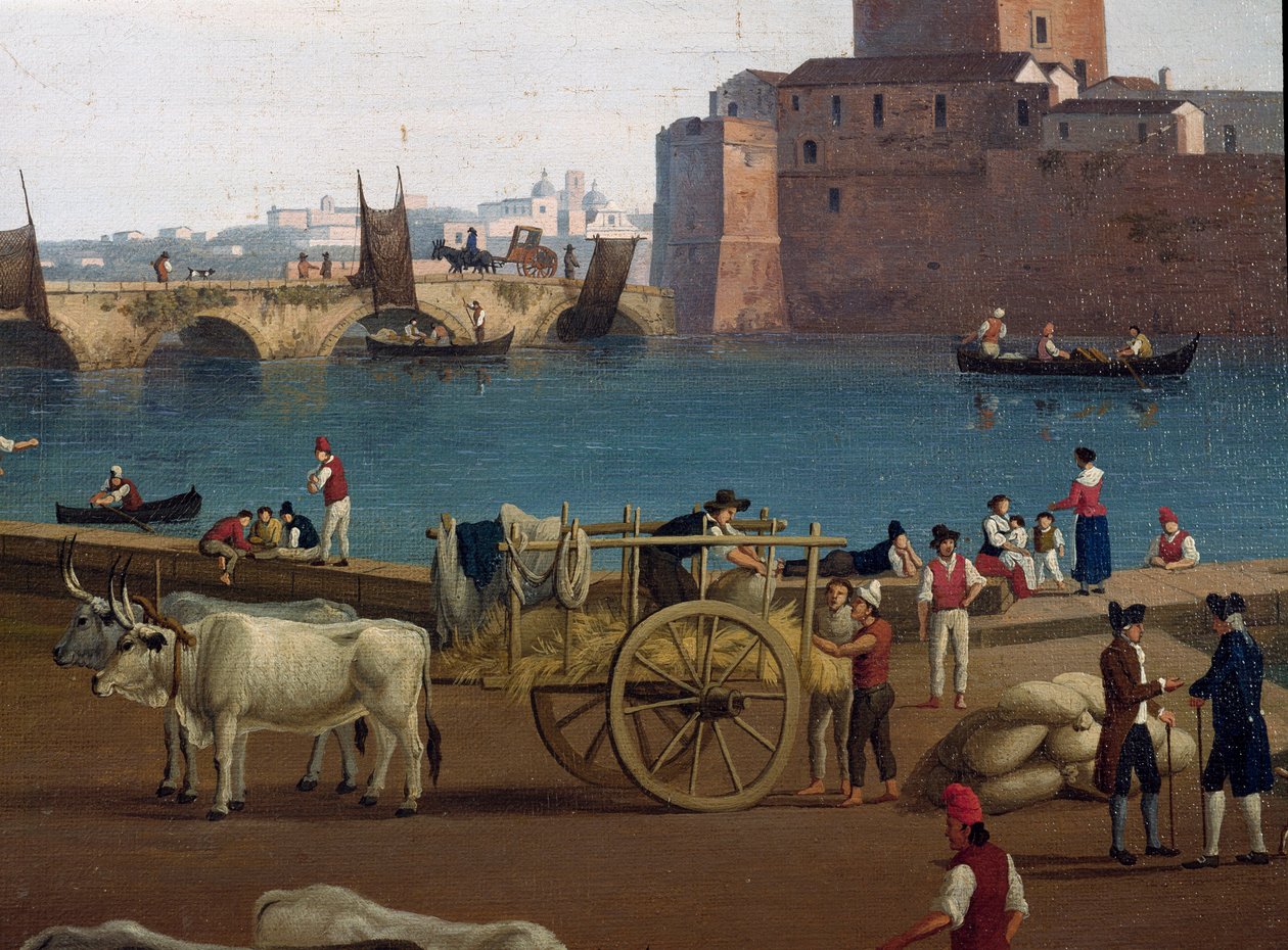 Udsigt over havnen i Taranto (Taranto) i Italien i det 18. århundrede Havnearbejdere i havnen losser godset, vogn trukket af okser - Maleri af Jacob Philipp Hackert dit Hackert d