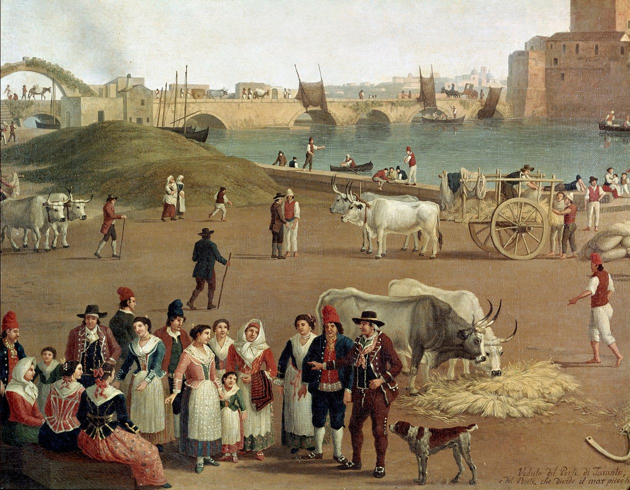 Udsigt over Taranto havn, detaljer om kommercielle aktiviteter, arbejdere og mennesker i traditionel påklædning (maleri af Jacob Philippe Hackert