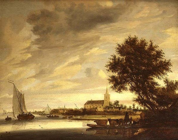 Et flodlandskab med en færge i forgrunden af Jacob Salomonsz. (circle of) Ruysdael