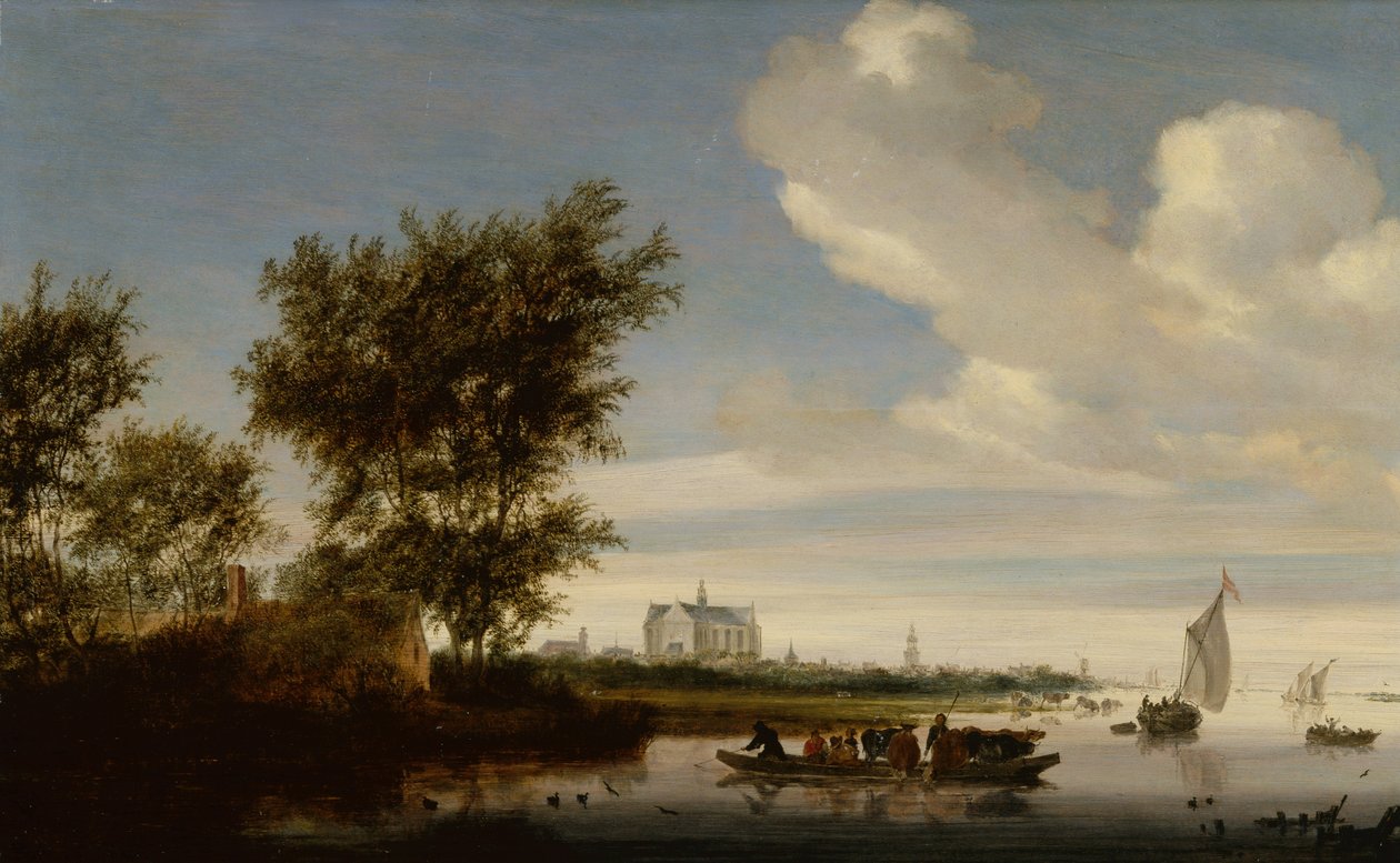 En fjern udsigt over Alkmaar med bønder og kvæg på en færge af Jacob Salomonsz. Ruysdael