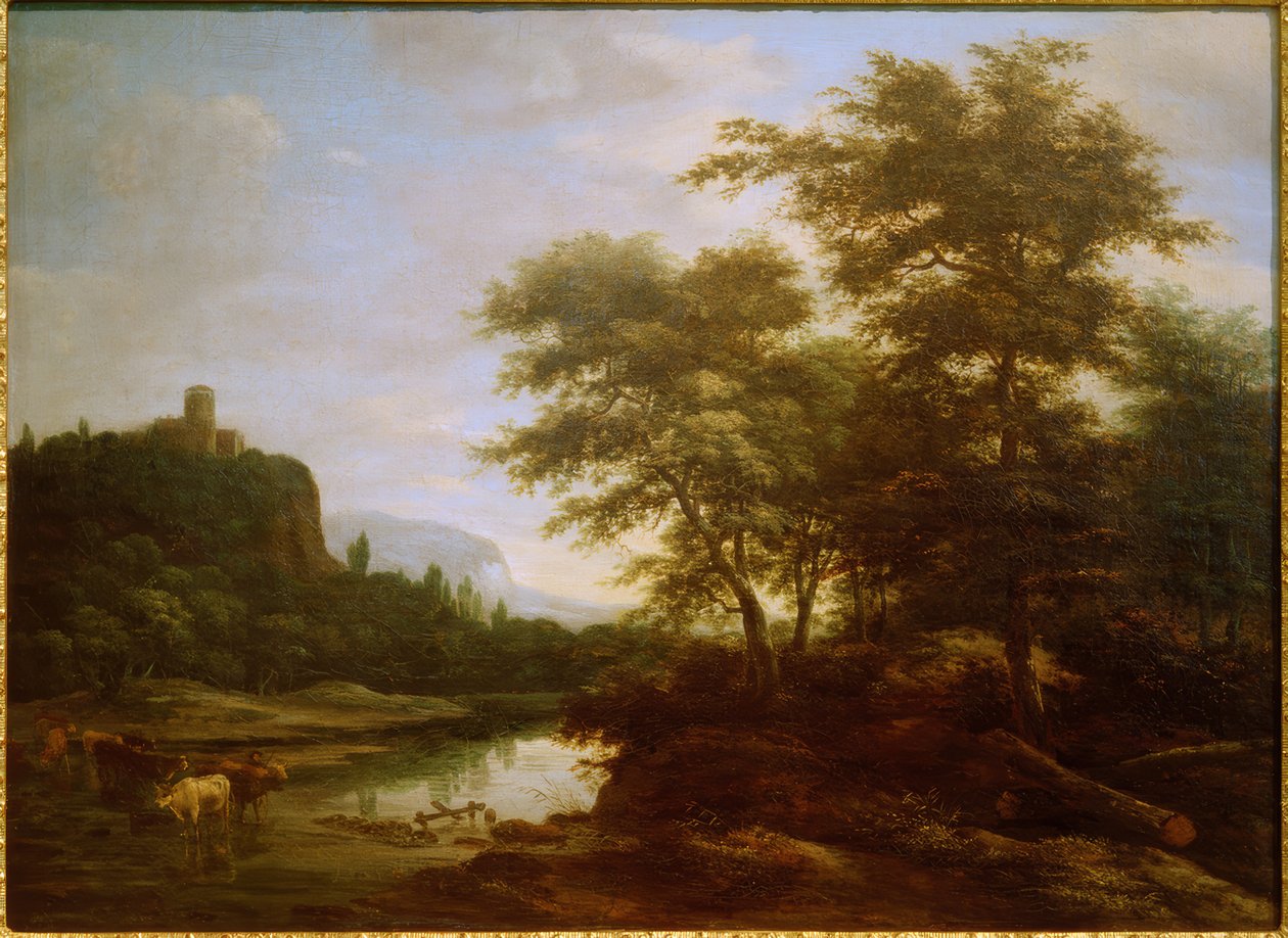 Landskab med en flok køer ved dammen af Jacob Salomonsz van Ruysdael