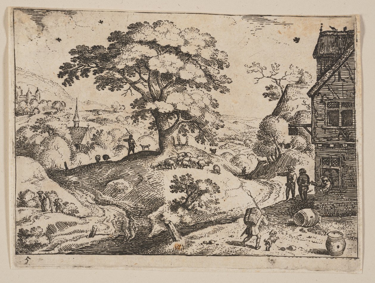 Kro til højre for vejen før landsbyen, fra Landscapes af Jacob Savery I