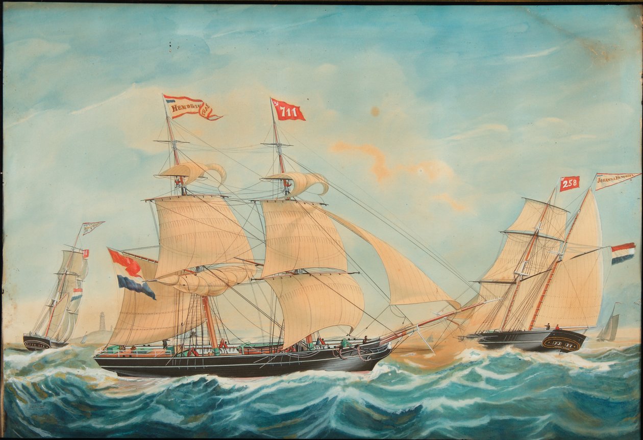 Hendrika Bartina og Johanna Hendrika sejler nær kysten, 1852 af Jacob Spin