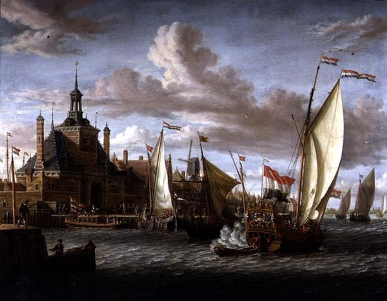 En yacht fra Zeeland States skyder salut ud for Dude Hoofdpoort, Rotterdam (olie på lærred) af Jacob Storck