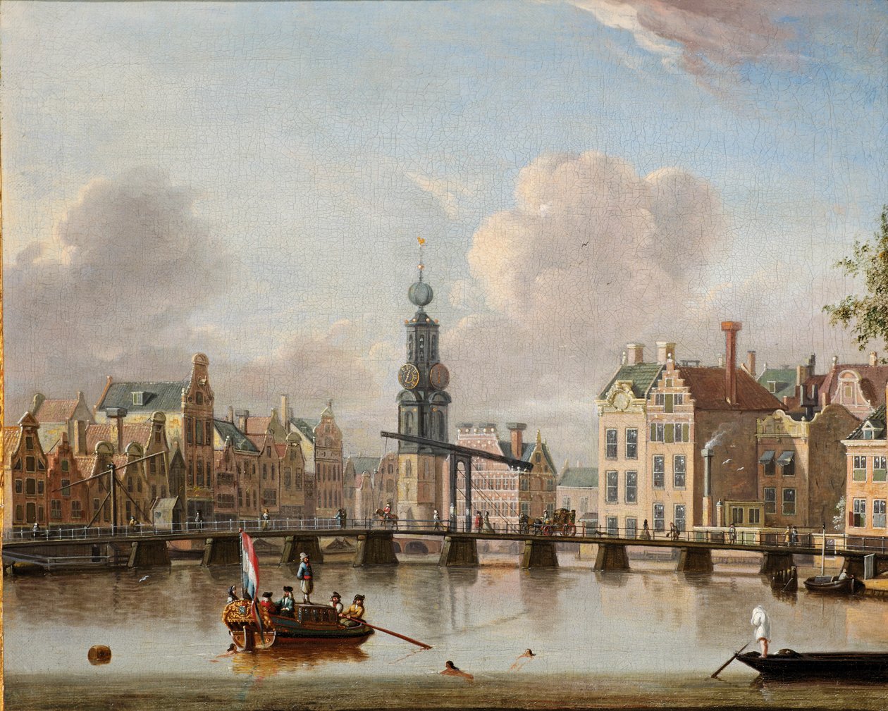 Udsigt over Munt, Amsterdam med figurer i både og svømning i kanalen (olie på lærred) af Jacob Storck